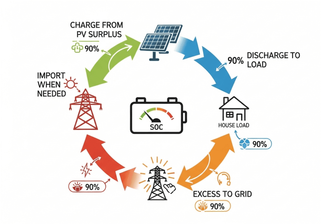 Battery energy flow diagram showing charge, discharge, and grid interaction in a hybrid solar system