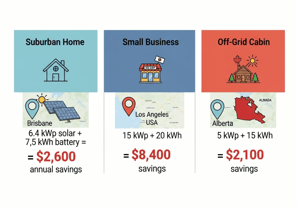 Comparison of three hybrid solar system scenarios with savings calculations