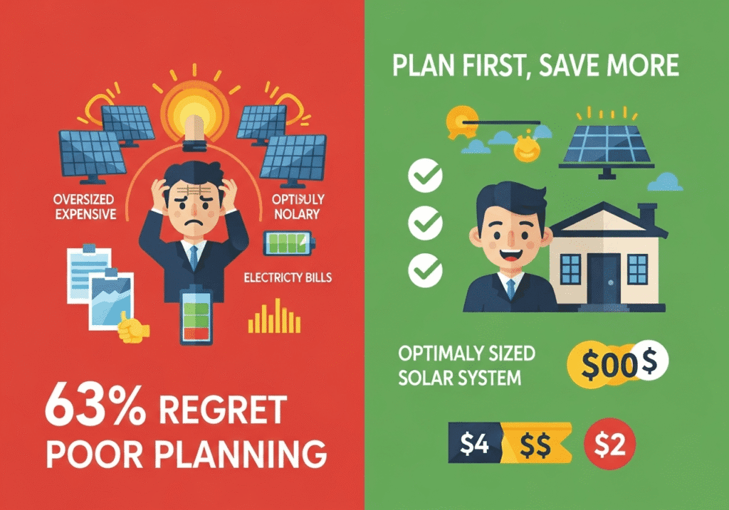 Infographic comparing a poorly planned solar system against a properly planned hybrid solar system