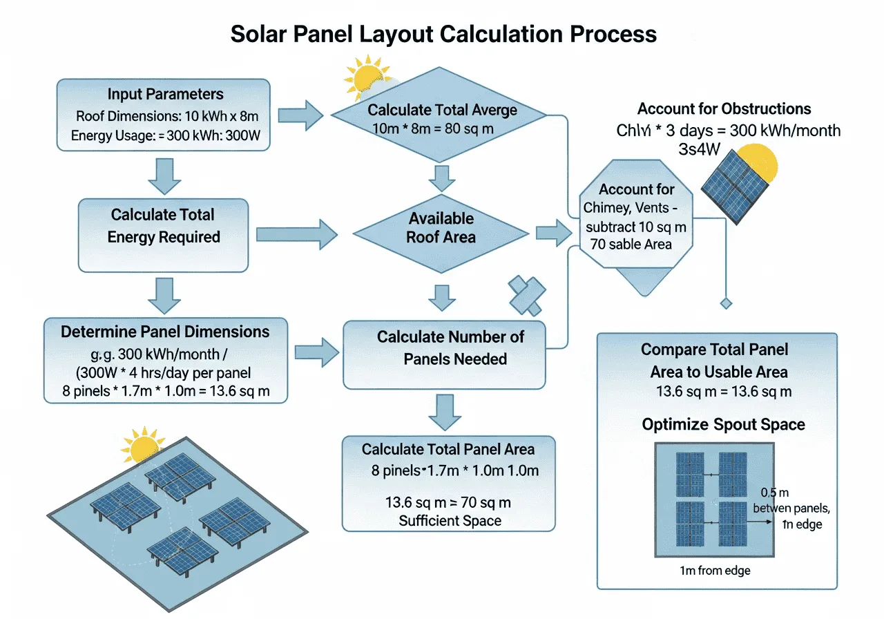 Diagram showing solar panel layout calculation with setback margin and obstruction area on a roof