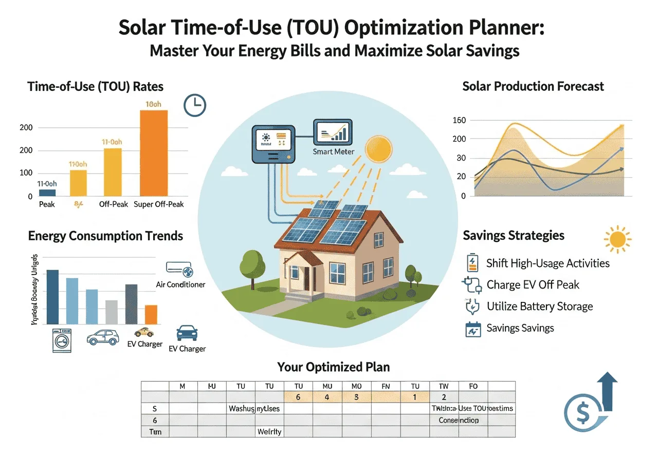 Solar time-of-use optimization calculator dashboard for managing energy bills and solar savings