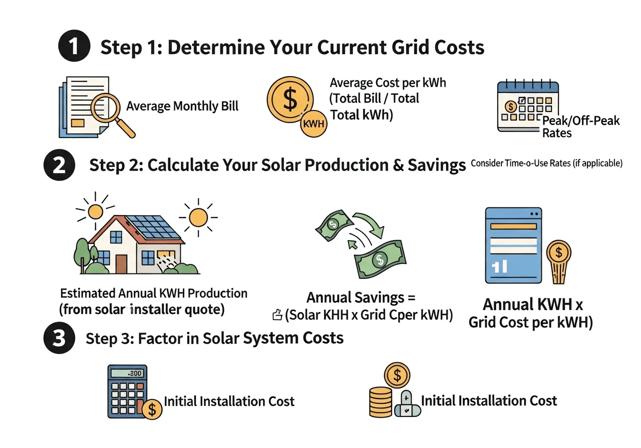 Solar vs grid cost comparison chart showing cumulative cost lines crossing at the break-even year