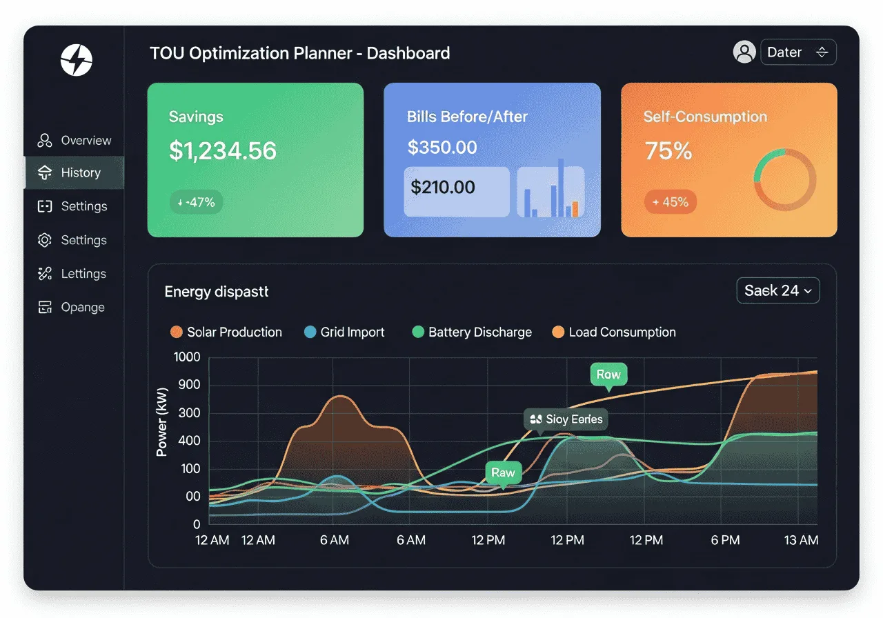 Battery dispatch optimization example showing projected bill savings on the planner dashboard