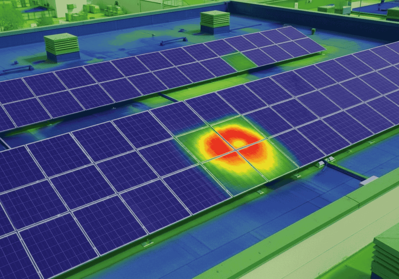 thermal image showing a red hotspot on a pv module, indicating potential microcrack or cell defect.803z {{brizy_dc_image_alt imageSrc=