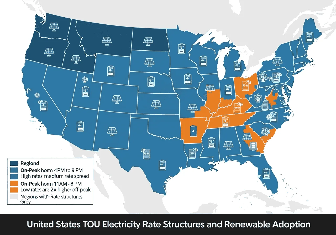 Regional TOU rate structure map for major US utilities