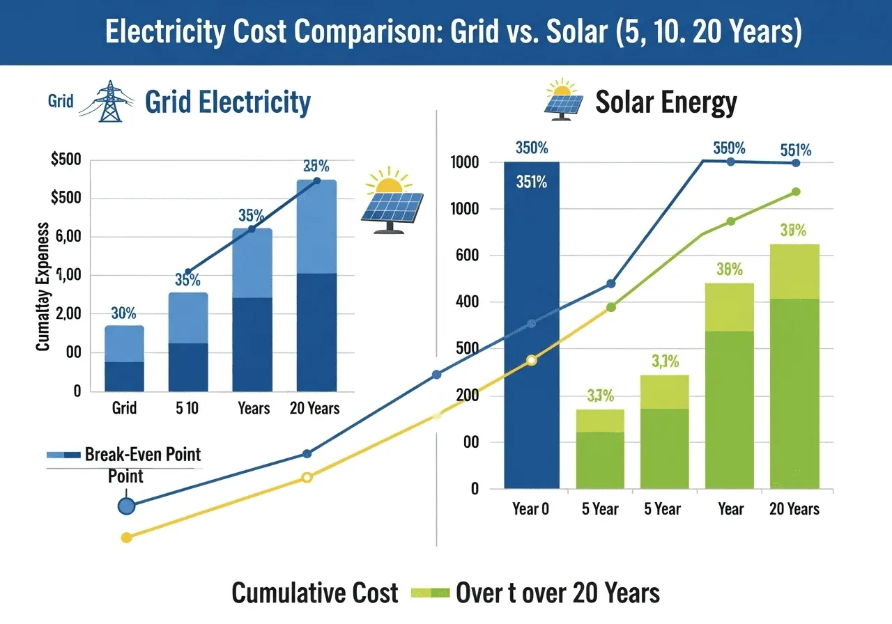 Visual comparison of 5, 10, and 20 year costs for grid electricity vs solar energy