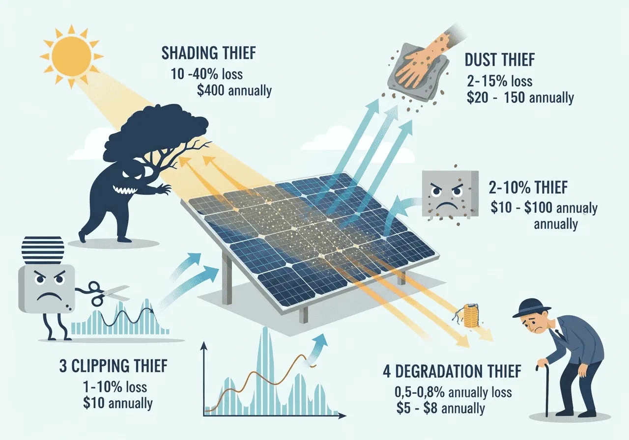 Solar Panel Degradation Calculator Illustration of the four factors that quietly reduce solar panel output: shading, soiling, inverter clipping, and system losses