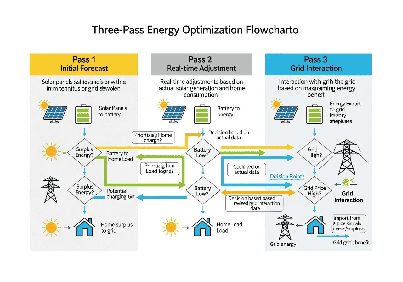 Solar battery scheduling workflow showing the three-pass dispatch process between panels, storage, home load, and the grid