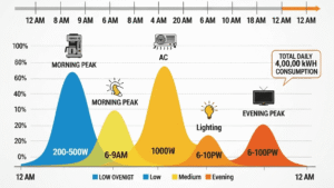 24 hour residential electricity load profile showing peak demand periods and appliance usage patterns.004z min