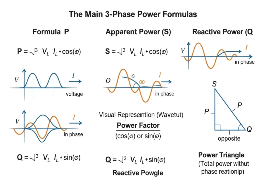Three Phase Power Calculator 3 phase power formulas including real power, apparent power, and reactive power calculations with visual diagrams.174z min