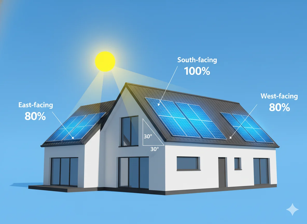 3d diagram comparing solar panel output based on roof orientation with efficiency percentages