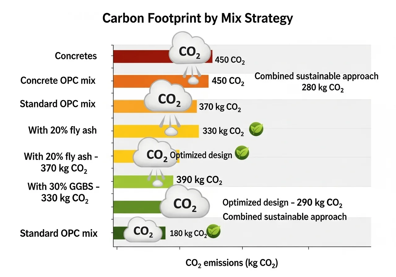 Bar chart comparing carbon dioxide emissions across different concrete mix design strategies