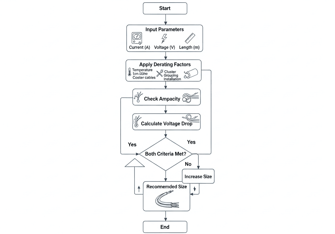cable sizing calculation flowchart showing decision logic for ampacity and voltage drop.506z min