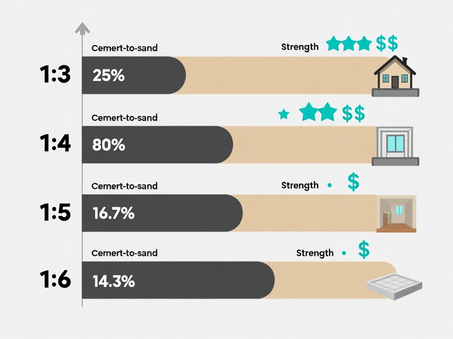 cement sand mix ratio comparison chart showing 13, 14, 15, and 16 ratios with applications and strength ratings min {{brizy_dc_image_alt imageSrc=
