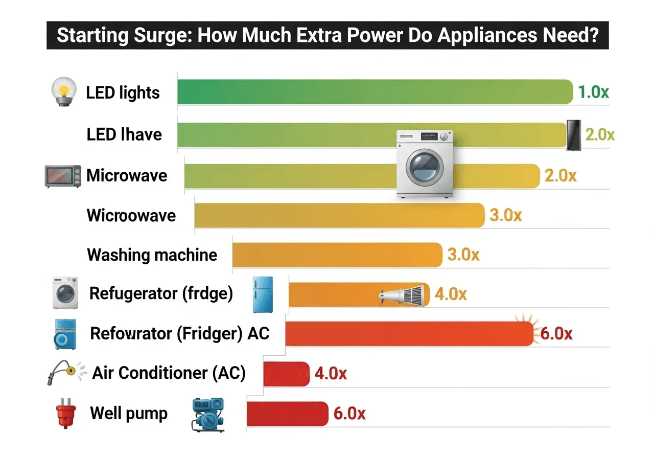 Bar chart comparing starting surge multipliers across common household appliances