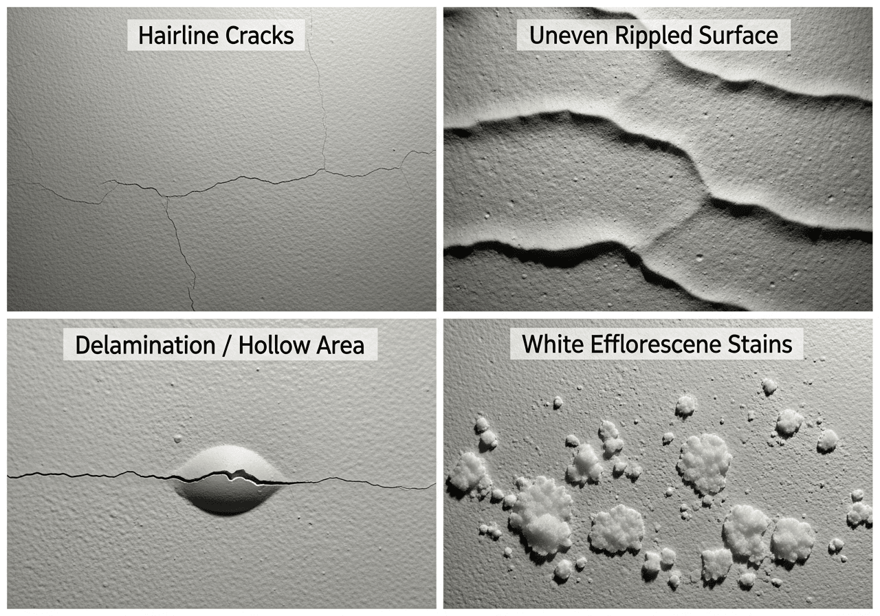 common plaster defects photo grid showing cracks, uneven surface, delamination and efflorescence problems.570z min {{brizy_dc_image_alt imageSrc=