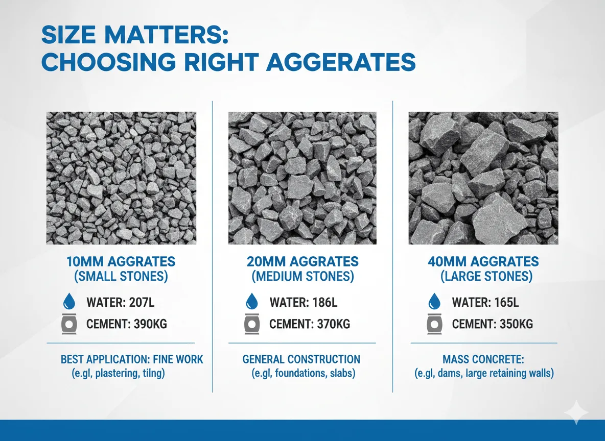 Comparison infographic showing how aggregate size affects water and cement requirements in concrete