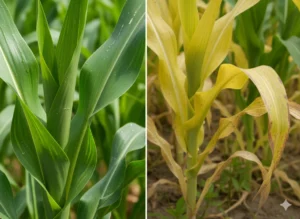 comparison of healthy well fertilized crops versus nutrient deficient crops showing chlorosis