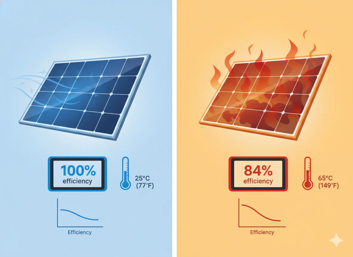 comparison showing solar panel efficiency loss due to high temperature 100% at 25°c vs 84% at 65°c