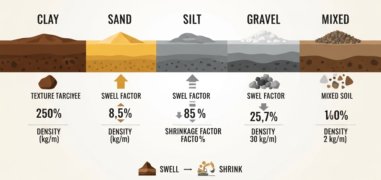 comprehensive soil types comparison chart showing swell factors, shrinkage rates, and density values for excavation planning