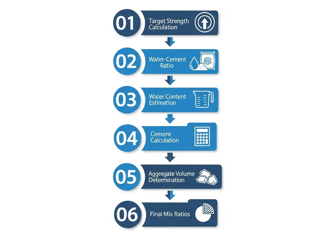 Concrete mix design calculator flowchart showing 6 calculation steps from target strength to final ratios