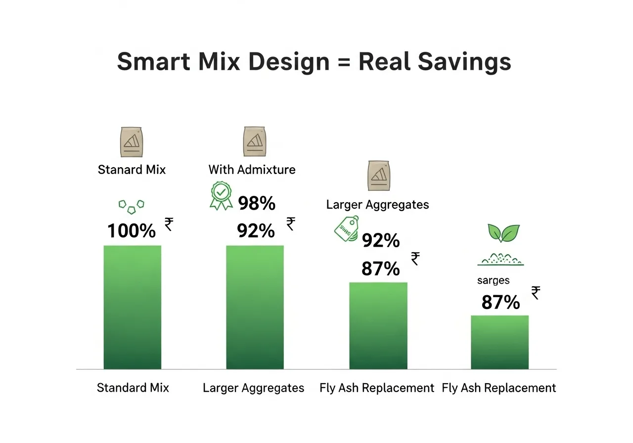 Cost comparison infographic showing cement savings through optimized concrete mix design strategies
