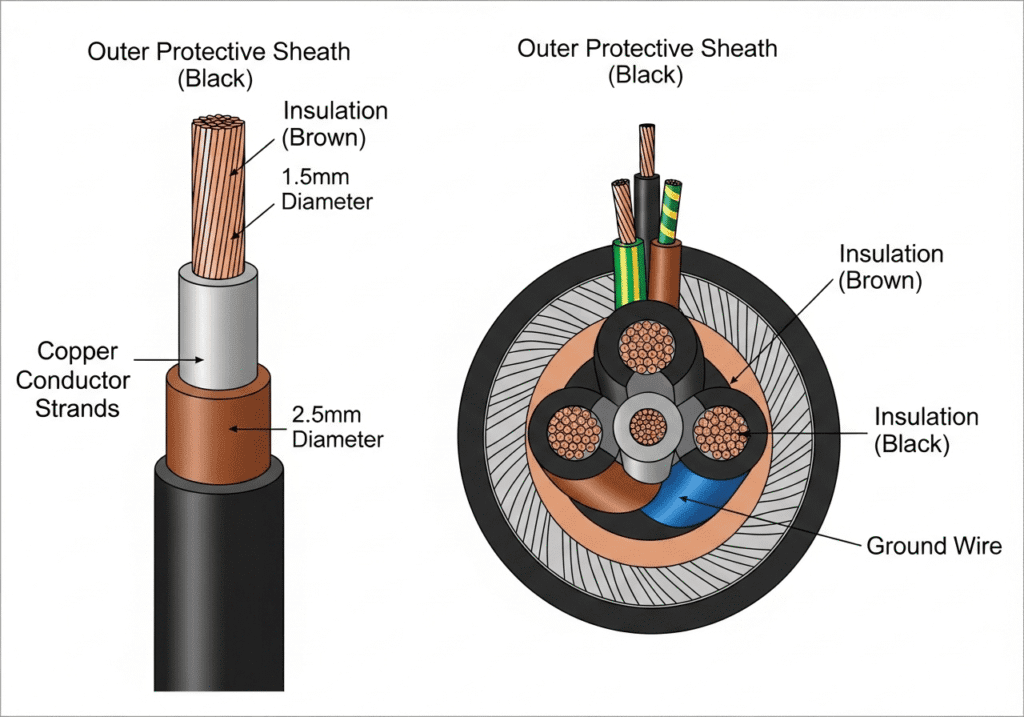 Cable Size Calculator Detailed cross-section of electrical cable showing conductor, insulation, and protective layers — cable size calculator reference