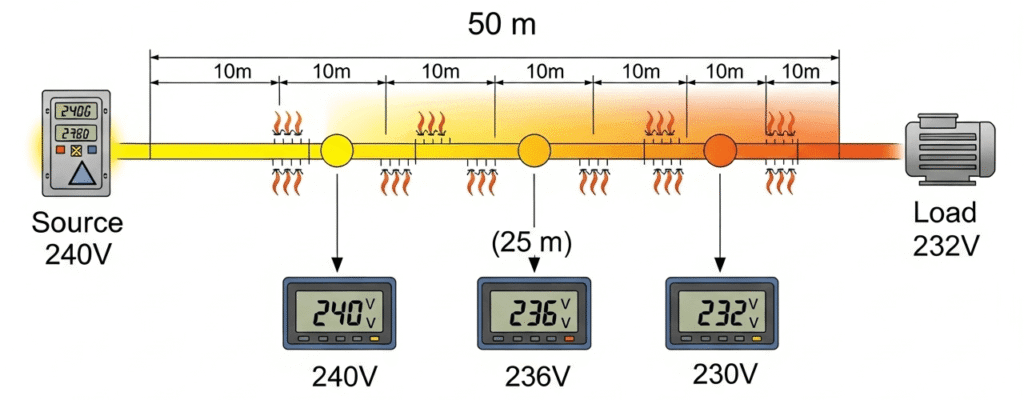 Cable Size Calculator Diagram illustrating voltage drop across a long cable run from source to load — cable size calculator voltage analysis