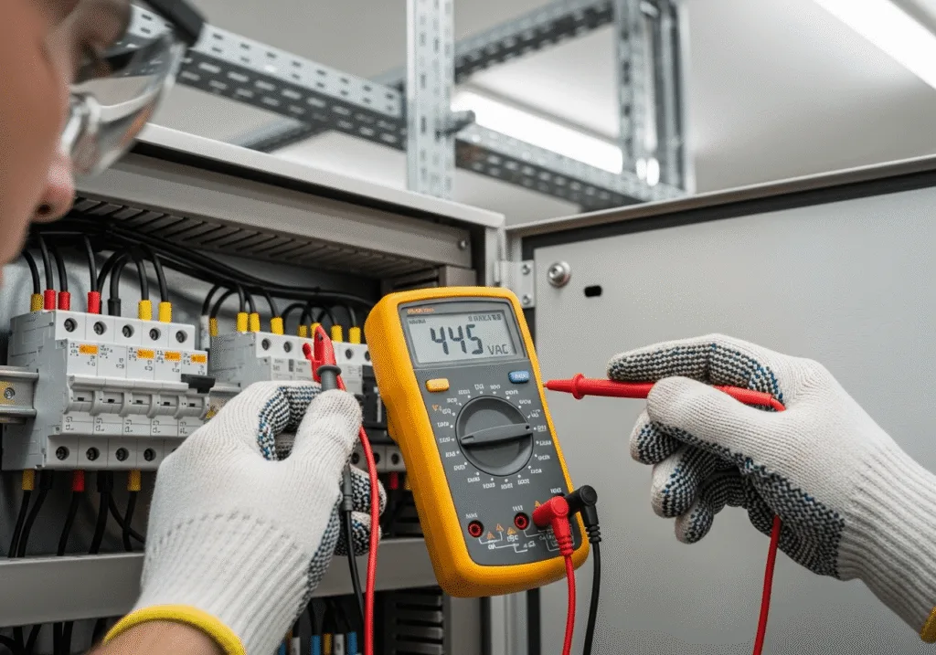 Three Phase Power Calculator electrician measuring voltage on 3 phase electrical panel using digital multimeter.222z min