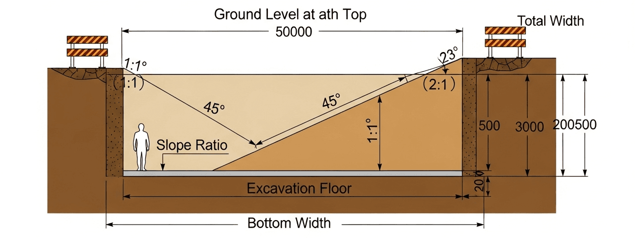 excavation cross section diagram showing sloped sides, depth measurements, and safety slope requirements.133z
