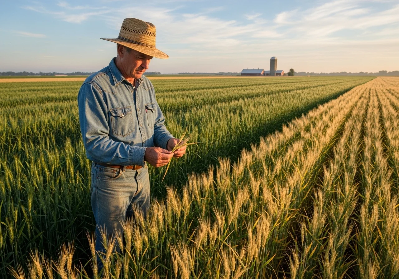 farmer inspecting wheat crop with nitrogen deficiency symptoms.250z {{brizy_dc_image_alt imageSrc=