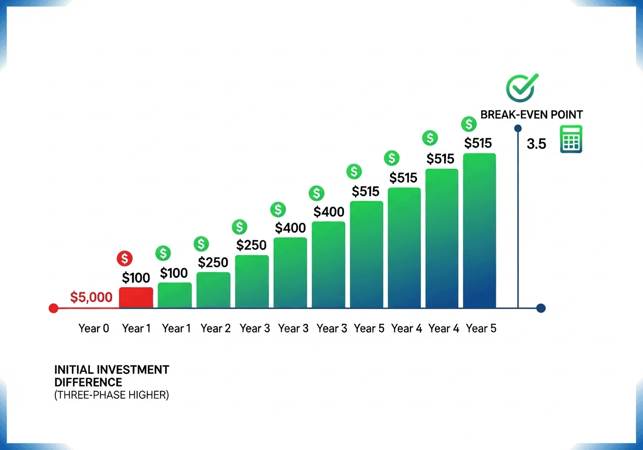 five year timeline showing break even point and cumulative cost savings when investing in three phase versus single phase electrical systems.633z min
