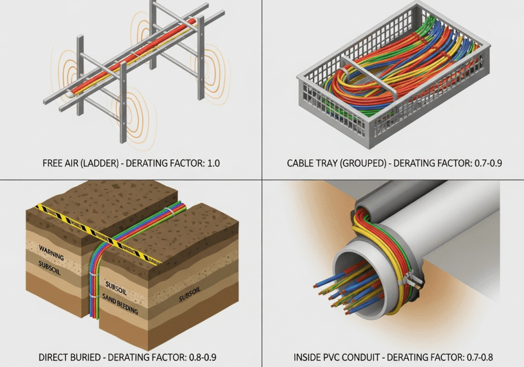 Cable Size Calculator Four cable installation methods — free air, cable tray, direct burial, and conduit configurations for cable sizing