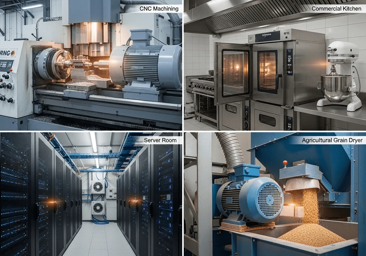 Single vs 3-Phase Comparison Calculator Single vs 3-phase comparison showing four industries benefiting from three-phase power: manufacturing, commercial kitchens, data centers, agriculture