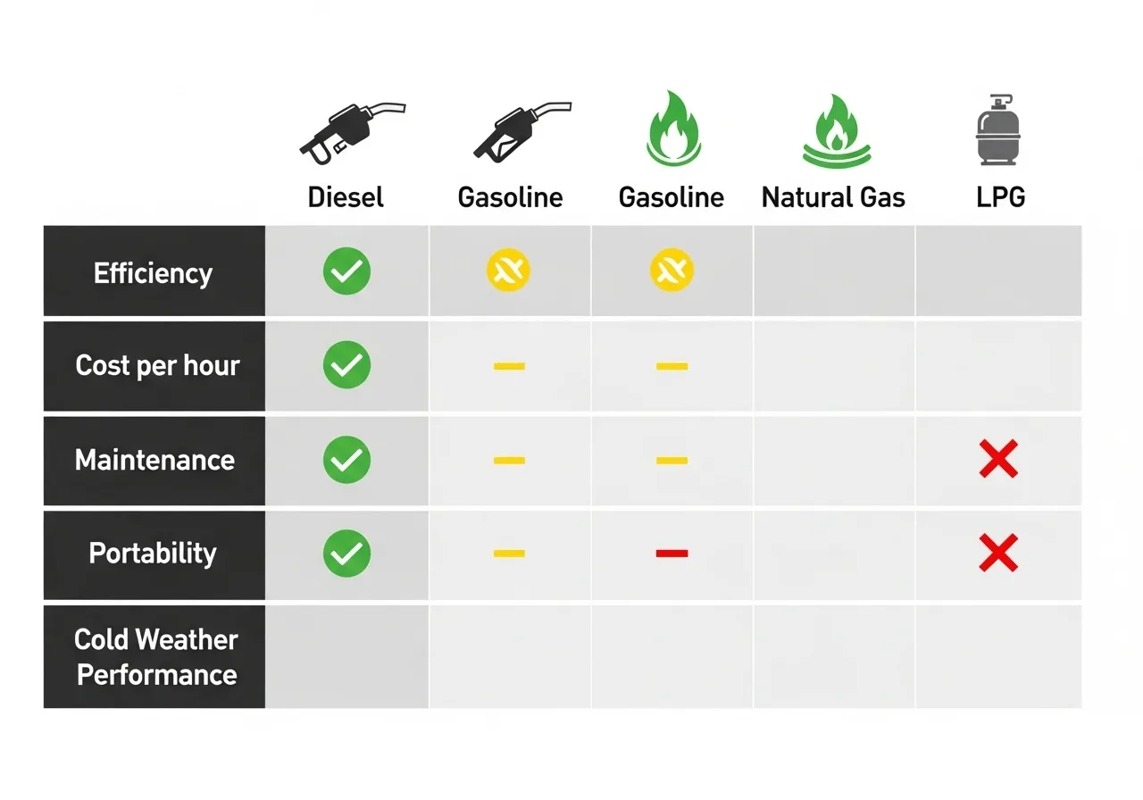 Matrix comparing diesel gasoline natural gas and LPG generator fuel types across efficiency and cost