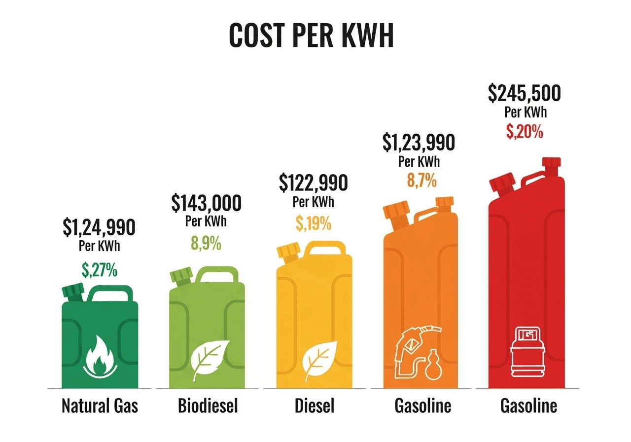 fuel type cost comparison showing natural gas as most economical and gasoline as highest cost per kwh.352z min
