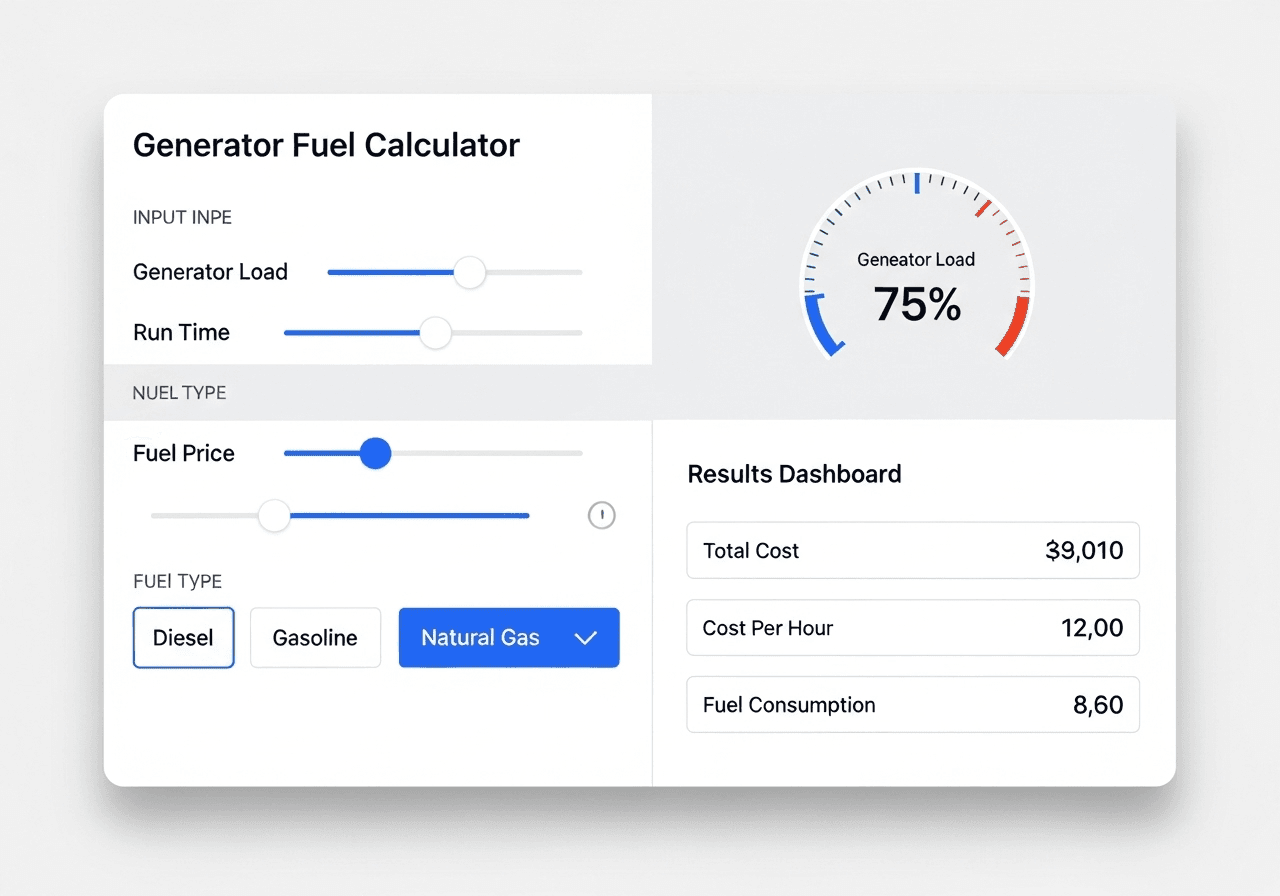 generator fuel cost calculator interface showing input controls and results dashboard.990z min