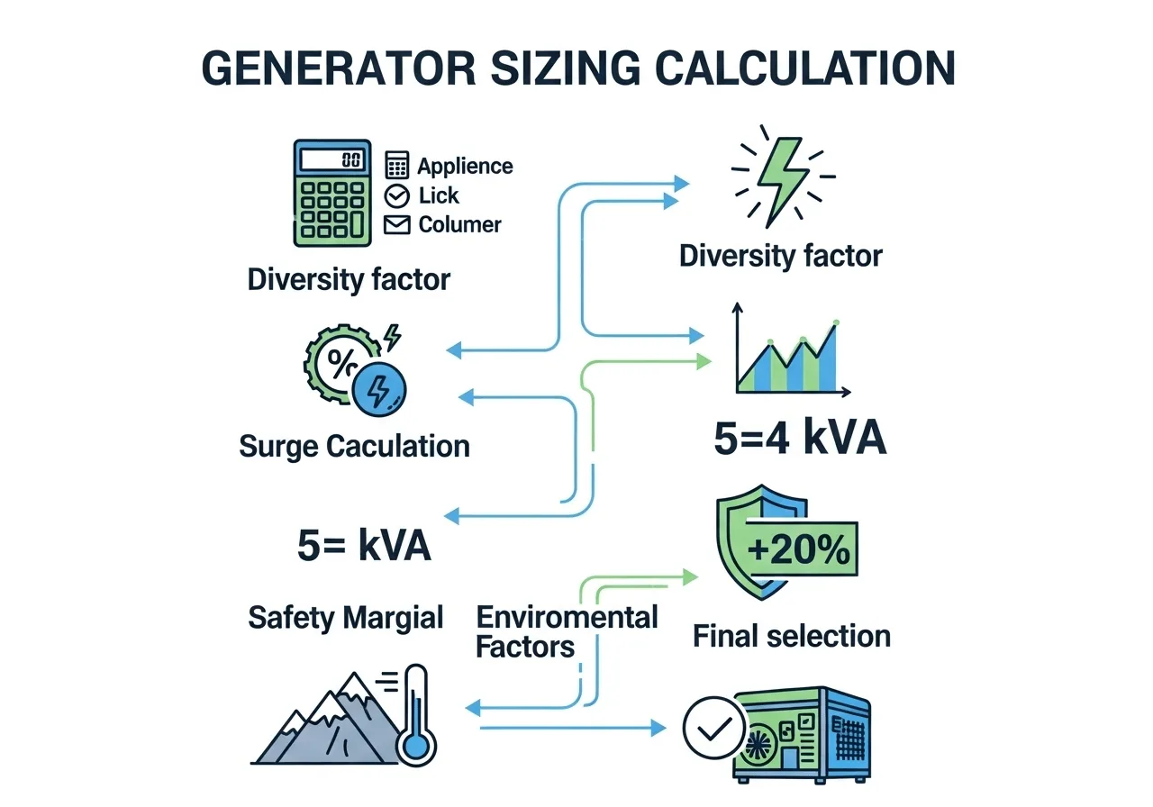 Flowchart showing the generator sizing calculation sequence from connected load to final kVA rating