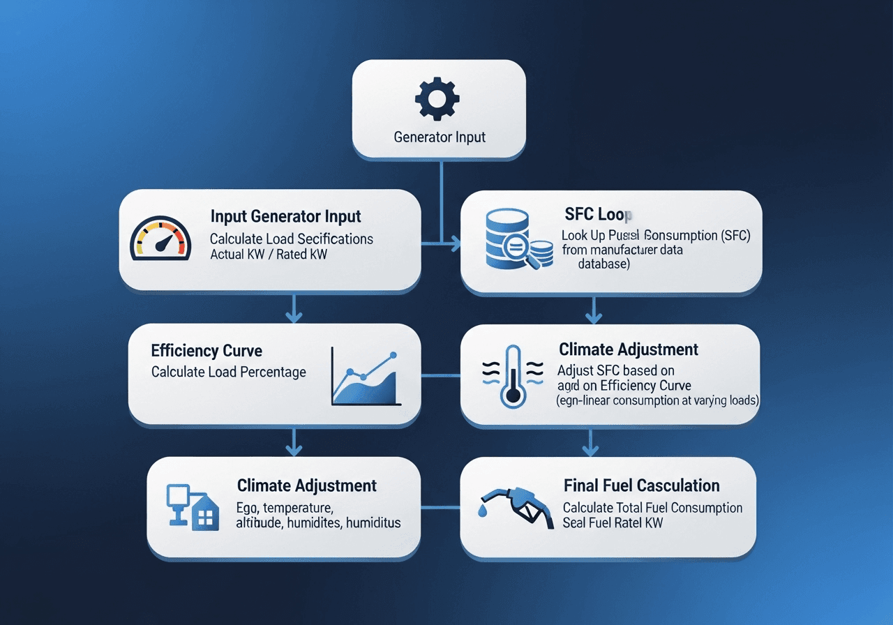 generator fuel calculation process flowchart showing 7 steps from input to cost output.497z min