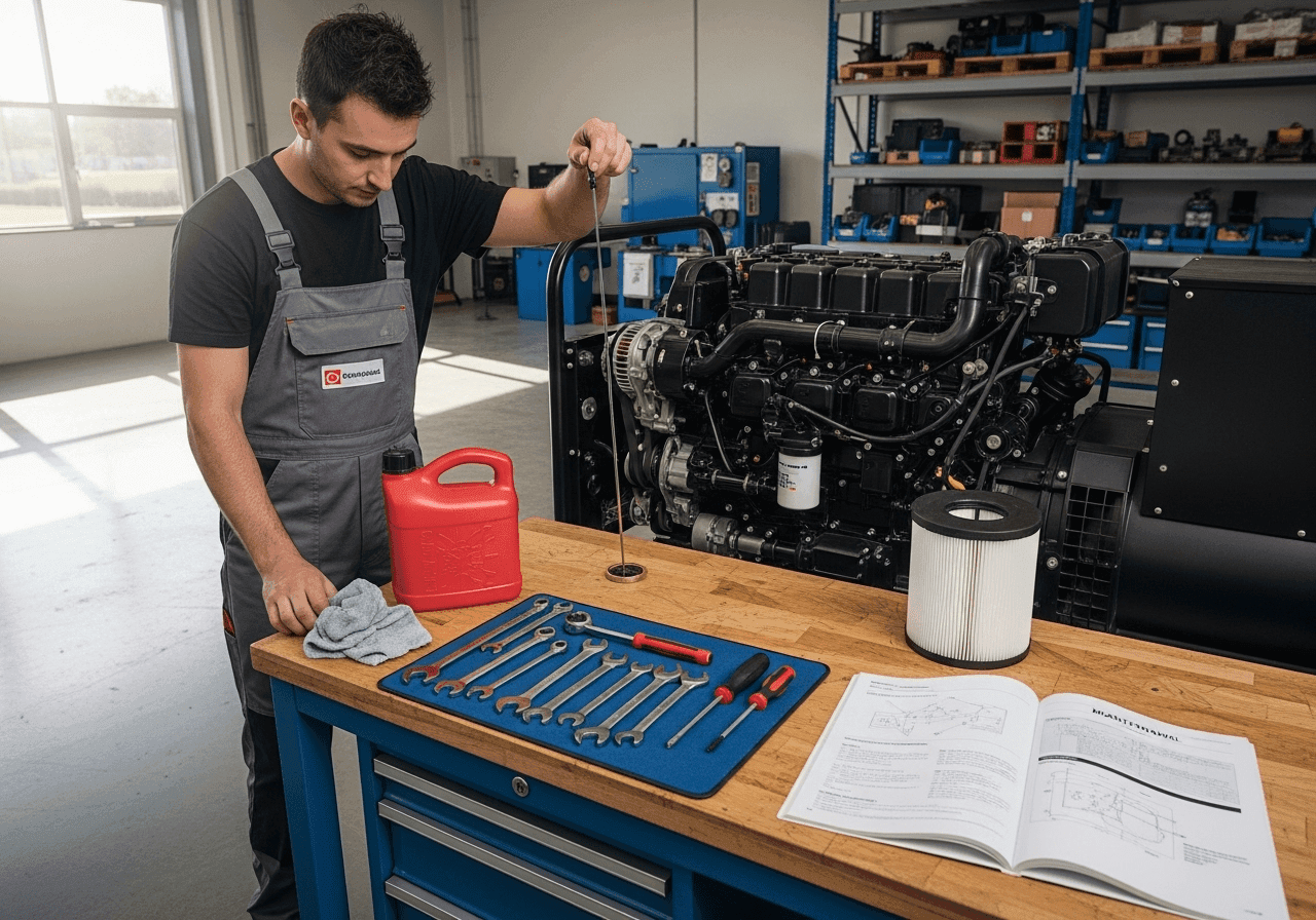 generator preventive maintenance showing oil check and filter replacement.535z min {{brizy_dc_image_alt imageSrc=