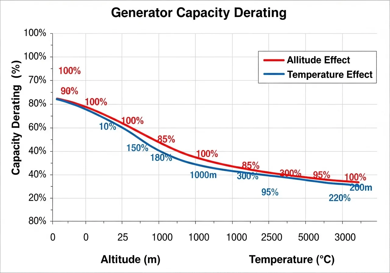 Graph showing how altitude and ambient temperature combine to reduce generator output capacity