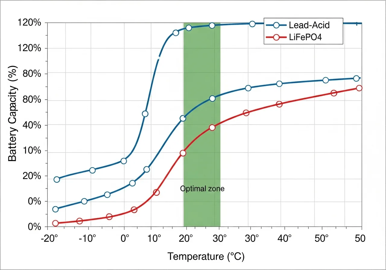 Graph showing how temperature affects battery capacity for different chemistries