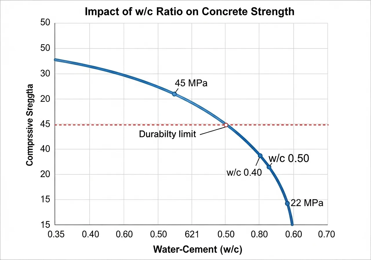 Graph showing the inverse relationship between water-cement ratio and concrete compressive strength