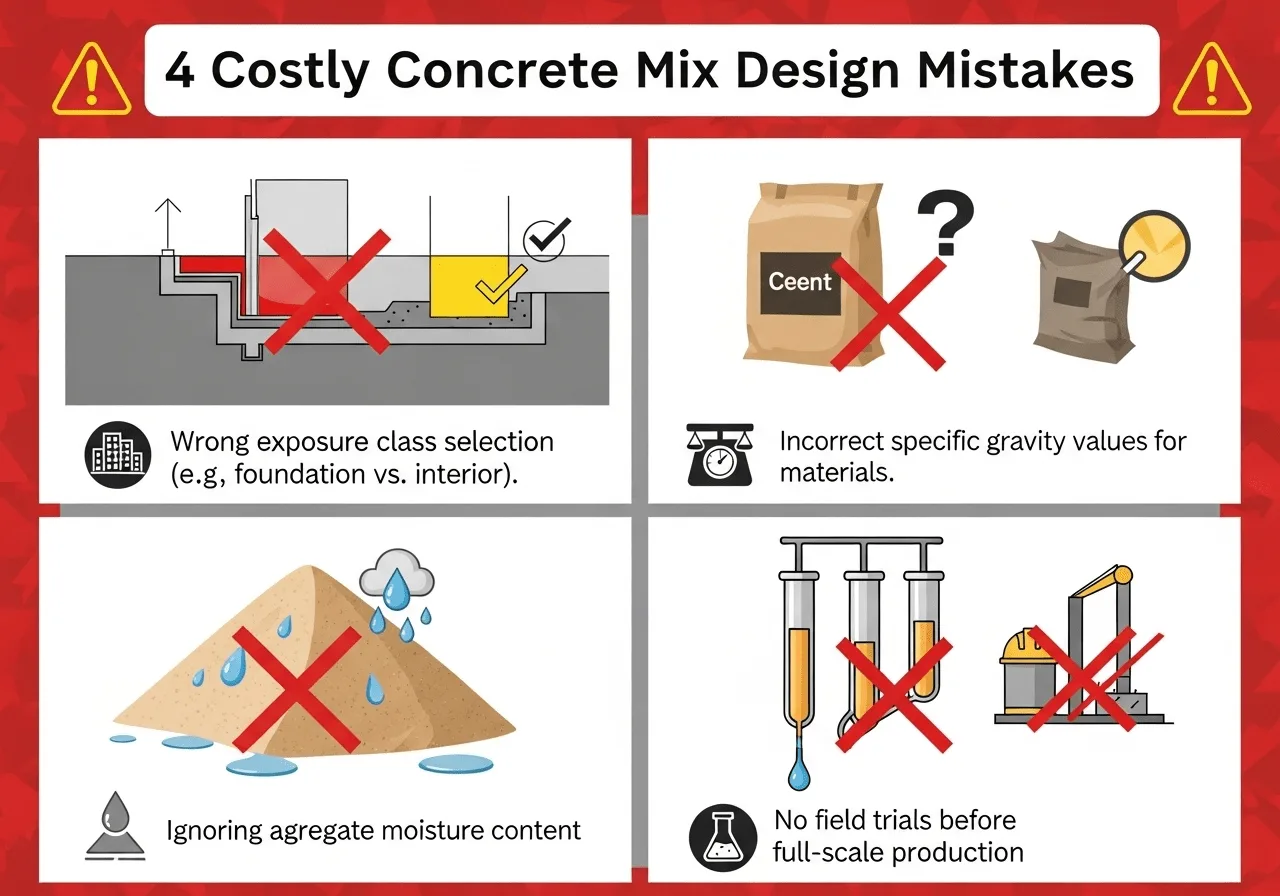 Infographic showing 4 common concrete mix design mistakes that cause project failures