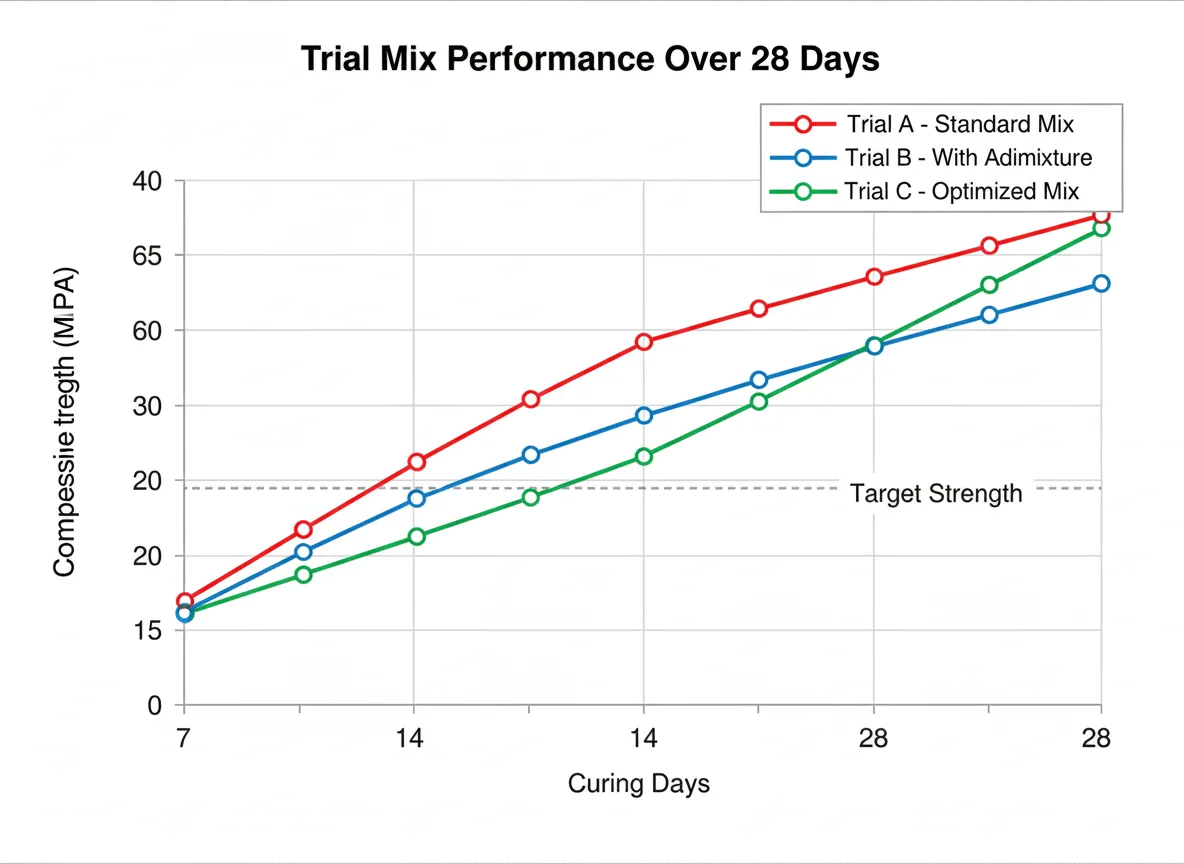 Line graph showing strength development comparison of three concrete trial mixes over 28 days