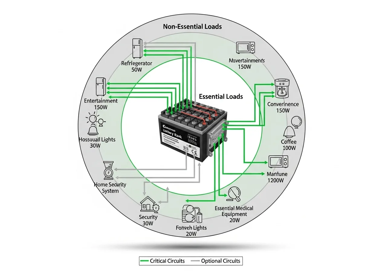 Load prioritization diagram showing essential and non-essential circuits in battery backup system