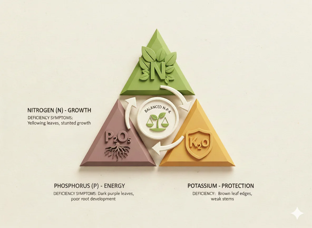 npk nutrition triangle infographic explaining roles of nitrogen, phosphorus, and potassium in crop health {{brizy_dc_image_alt imageSrc=