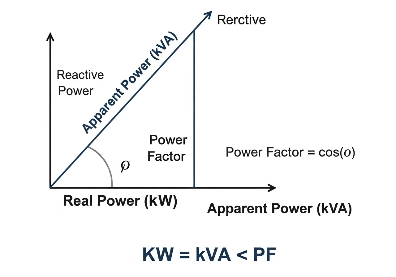 Diagram explaining power factor and the relationship between kW and kVA in generator sizing