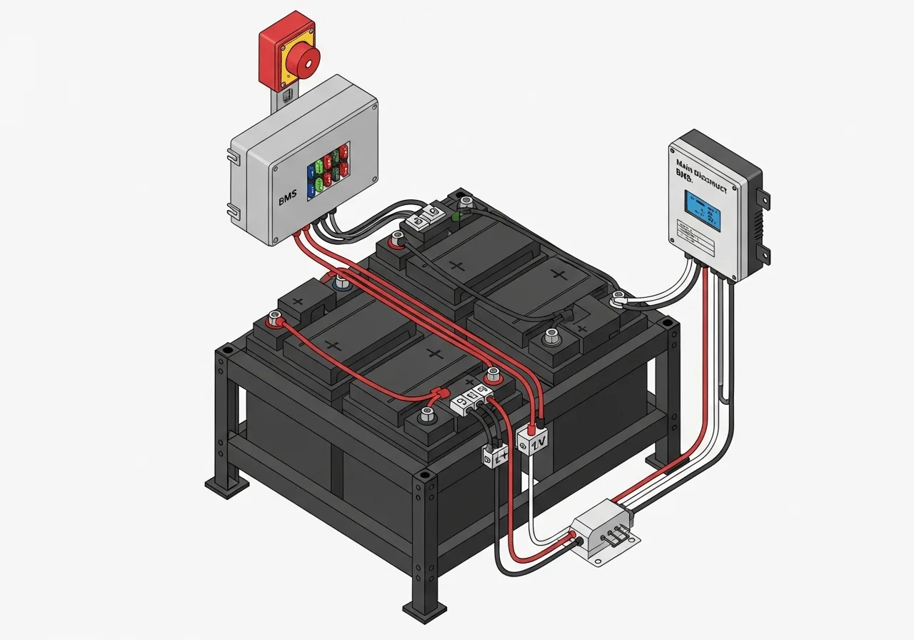 Professional battery bank installation showing series-parallel wiring configuration