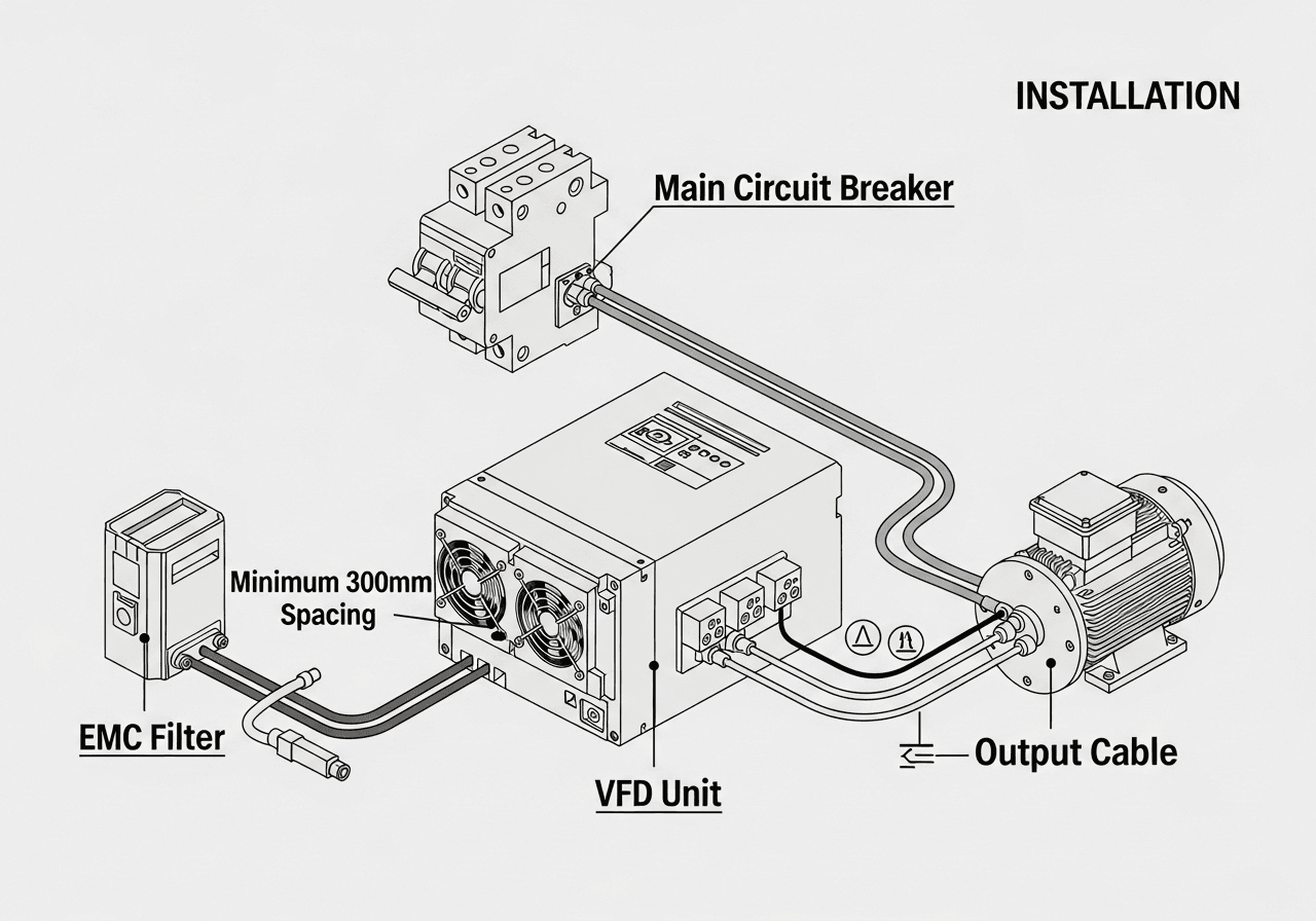 Proper VFD installation diagram showing circuit protection, cooling, grounding and cable routing